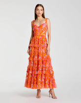 Orange Sleeveless Floral Ruffle A-Line Maxi Dress