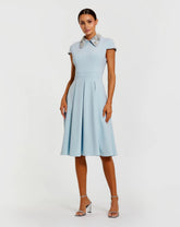 Blue Crepe Short Sleeve Midi Dress With Beading