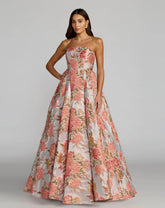 Pink Strapless Floral Brocade Ball Gown With Pockets