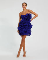 Blue Strapless Tiered Ruffle Mini Dress