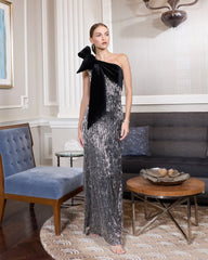 Black and Silver One Shoulder Embellished Gown With Velvet Bow