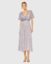 Purple Embellished Short Sleeve Empire Waist Dress
