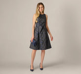Jacquard Tie Front Fit And Flare Midi Dress In Black Navy
