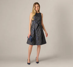 Jacquard Tie Front Fit And Flare Midi Dress In Black Navy