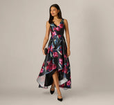Floral Print Mikado High Low Gown In Black Multi