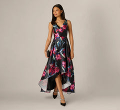 Floral Print Mikado High Low Gown In Black Multi