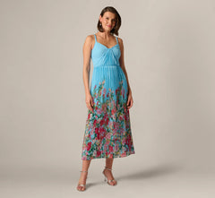 Pleated Wildflower Border Midi Dress In Light Blue Multi