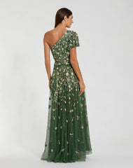 Green One Shoulder Embellished A Line Gown