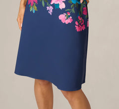 Collared Floral Border Twill Midi Dress In Navy Multi