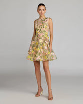 Yellow Floral Embroidered Sleeveless A-Line Mini Dress