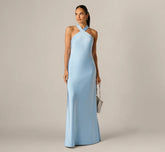 Bias Cut Stretch Satin Scarf Halter Gown In Azure Blue