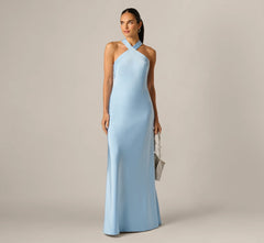 Bias Cut Stretch Satin Scarf Halter Gown In Azure Blue