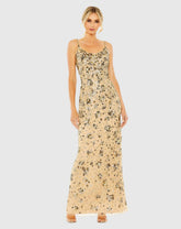 Beige Floral Embellished Scoop Neck Evening Gown