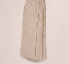 Cap Sleeve Beaded Sequin Floral Gown In Marble