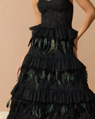 Black Strapless Sweetheart Lace Tiered Feather Ball Gown