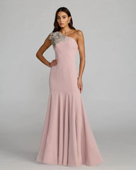 Crepe One Shoulder Gown With Crystal Flower