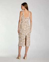 Beige Sleeveless Paillette Embellished Fitted Midi Dress