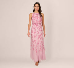 Sleeveless Blouson Mermaid Gown With Jasmine Beading In Pink Lace