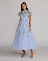 Blue Flutter Sleeve Embroidered A-Line Midi Dress