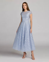 Blue Embellished High Neck Cap Sleeve A Line Dress