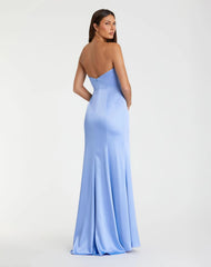 Blue Strapless Satin Column Gown With 3D Flower