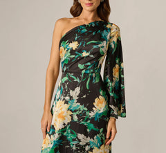 One Shoulder Long Sleeve Floral Satin Gown In Black Multi
