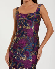 Navy Multicolor Sleeveless Brocade Trumpet Gown