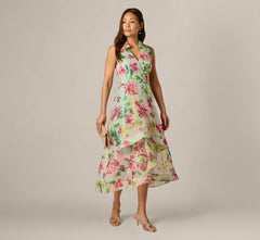Collared Floral Organza High Low Midi Dress In Mint Multi