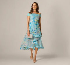Off Shoulder Floral Organza High Low Midi Dress In Blue Multi