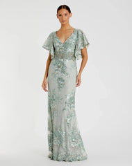 Bell Sleeve Floral Embellished Gown