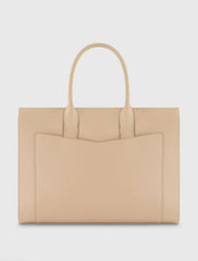 Beige Large Leather Briefcase Bag With Gold Hardware