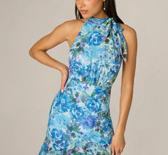 Tiered Metallic Floral Chiffon Halter Gown In Blue Multi