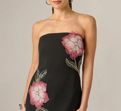 Strapless Lotus Floral Mini Dress In Black Multi