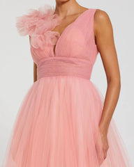 Pink Ruffle Shoulder V Neck Ombre Tulle Ball Gown