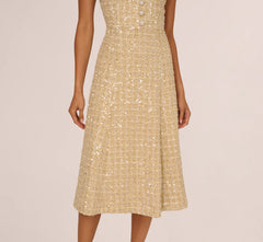 Collared Sequin Tweed Midi Dress In Champagne