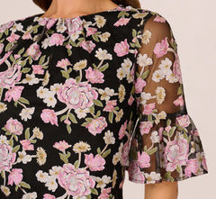 Bell Sleeve Floral Embroidered Short Dress In Black Multi