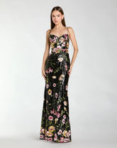 Black Sleeveless Bustier Floral Applique Gown