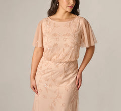 Plus Size Flutter Sleeve Blouson Beaded Gown In Blush