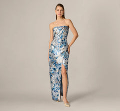Strapless Pleated Floral Jacquard Wrap Gown In Blue Multi