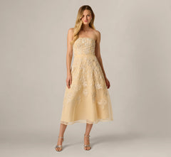 Strapless Floral Embroidered Organza Midi Dress In Maize