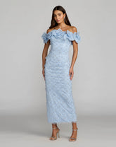 Blue Off The Shoulder Embellished Dress With 3D Flower Detail
