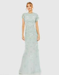 Blue Floral Embellished High Neck Flutter Sleeve Gown
