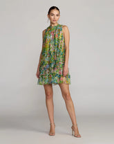 Printed Sleeveless High Neck Ruffle Mini Dress