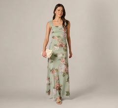 Floral Print Stretch Mesh Ruched Gown In Sage Multi