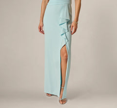 One Shoulder Draped Ruffle Stretch Gown In Clear Sky