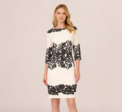 Petite Scroll Lace Midi Dress With Three Quarter Sleeves In Ivory Black