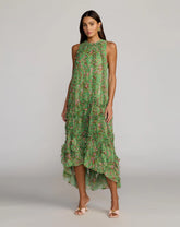 Green Sleeveless Floral Chiffon Micro Ruffle Trapeze Midi Dress