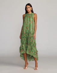 Sleeveless Floral Chiffon Micro Ruffle Midi Dress