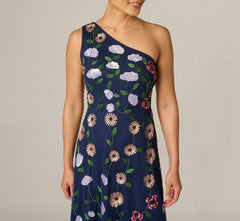 One Shoulder Floral Garden Beaded Gown In Navy Multi