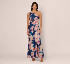 Floral Print Chiffon Gown With One Shoulder Neckline In Navy Blush